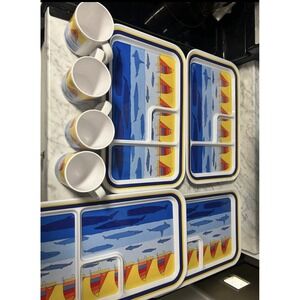 ONEIDA Melamine Divided Lunch Trays & Mugs Vintage 1987 Set of 8 Sailboat Whale